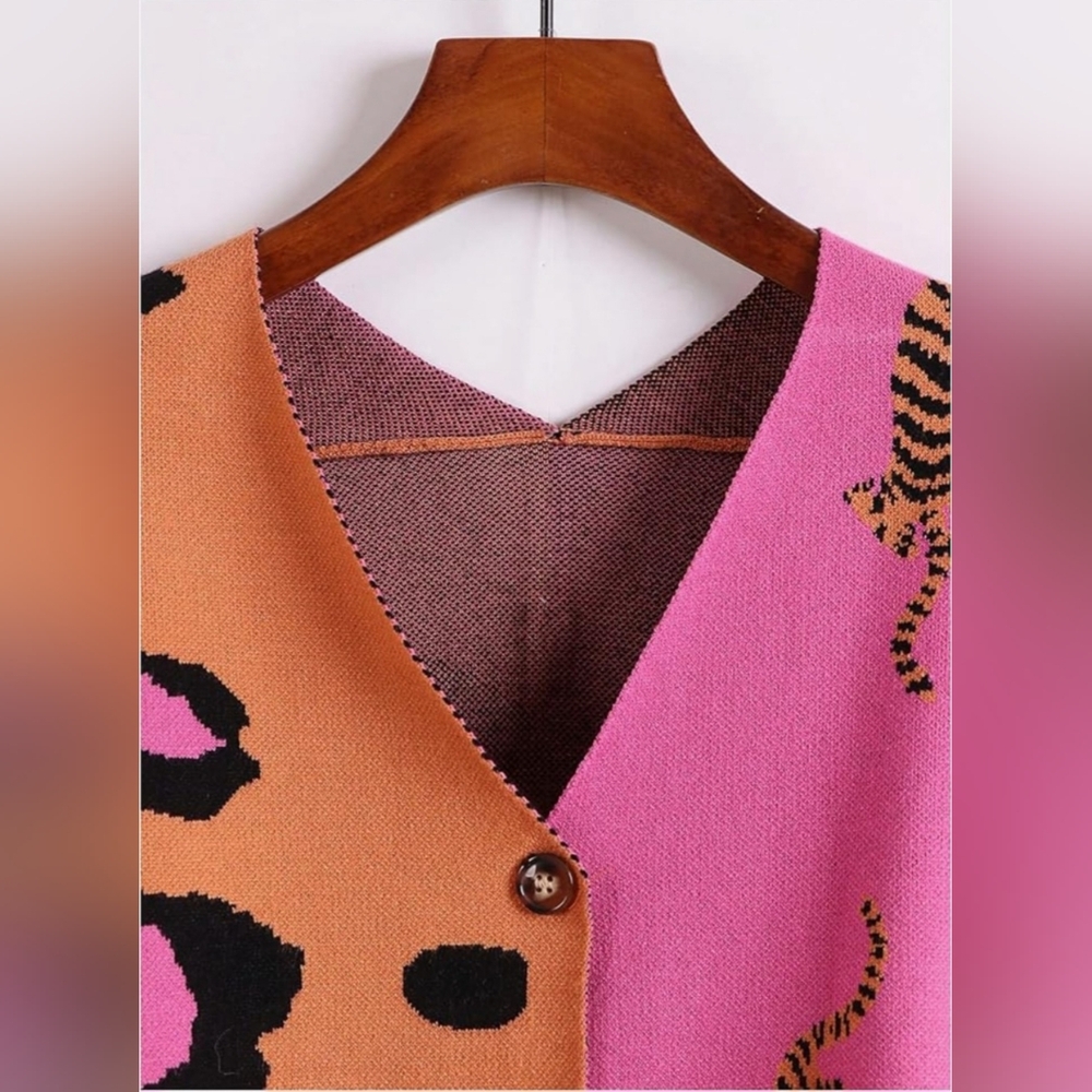 Leopard Print Women's Button Up Sweater - Picture 4 of 5